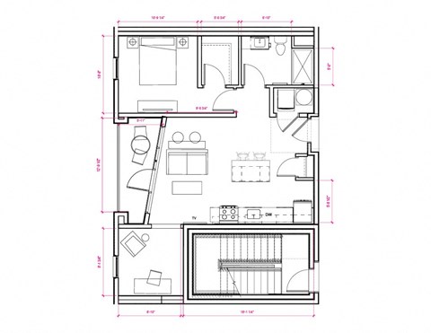 1  Bed   1  Bath   739 Sq. Ft. Budapest II - South B2 1x1 Den Floor Plan at Expo at Forest Park, St. Louis, MO